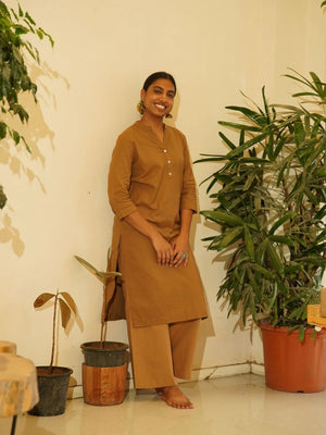 Coffee Brown Airy Linen Long Kurta Co-ord Set