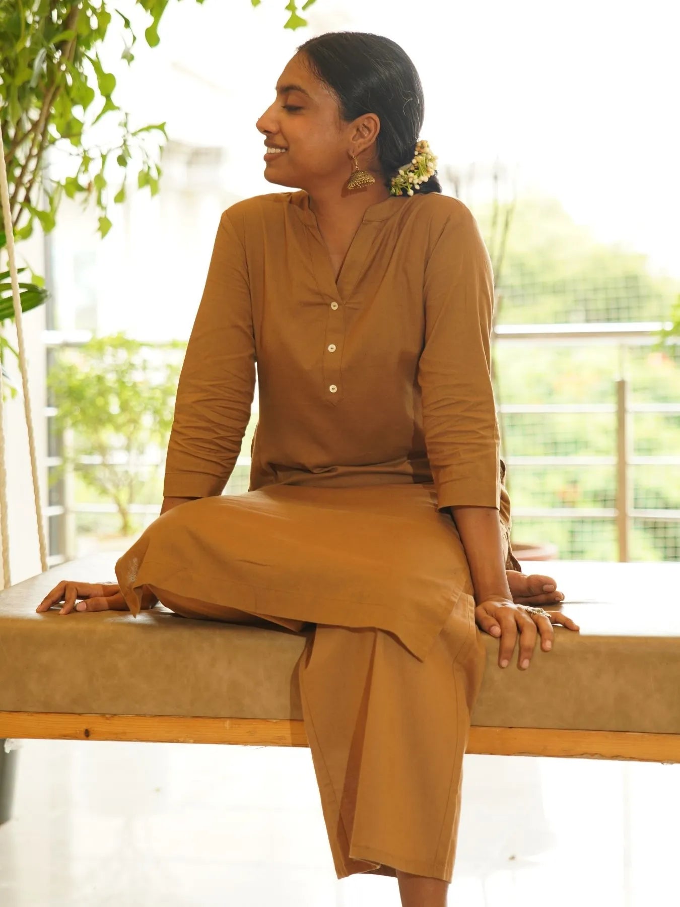 Coffee Brown Airy Linen Long Kurta Co-ord Set