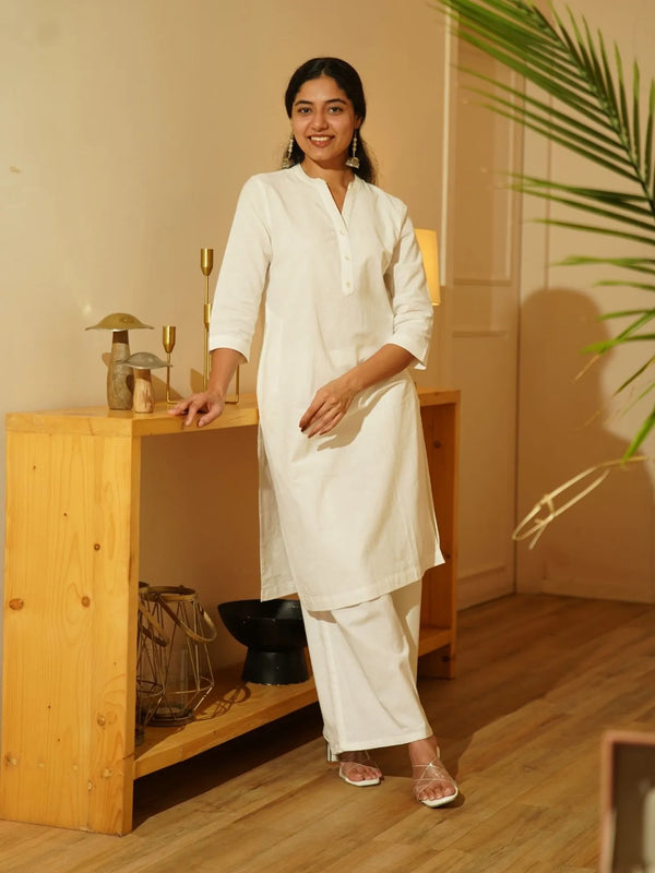 White Airy Linen Long Kurta Co-ord Set