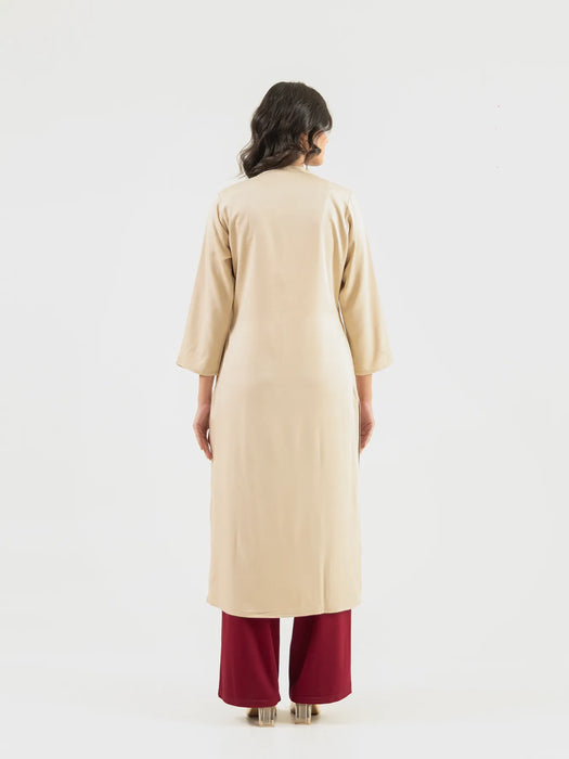 Women Beige Flowy Straight Long Kurta