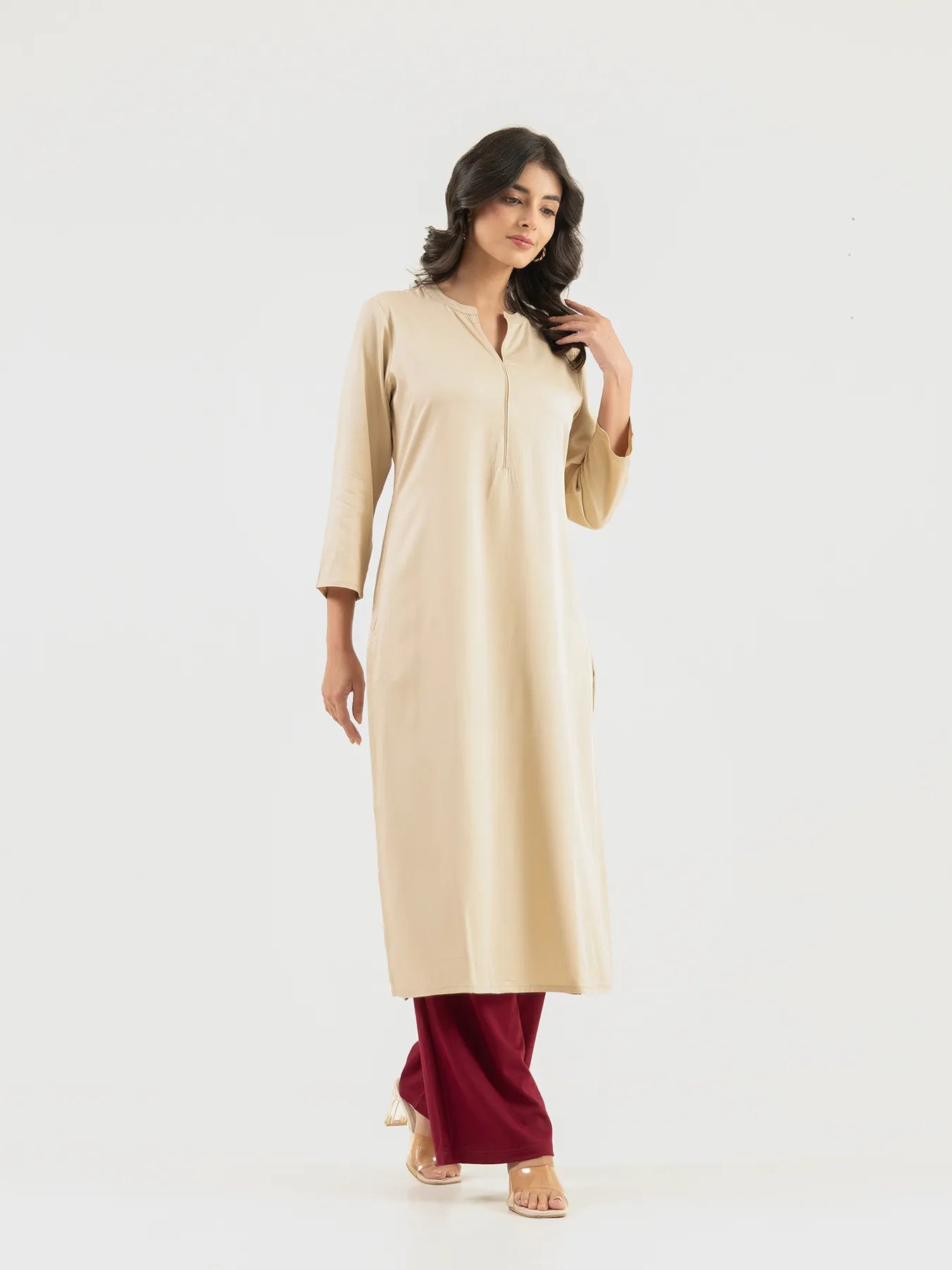 Women Beige Flowy Straight Long Kurta