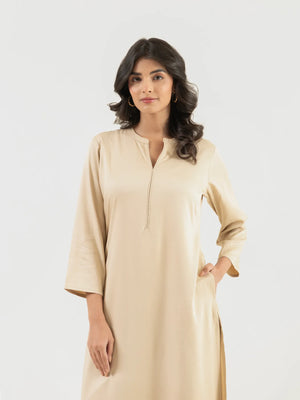 Women Beige Flowy Straight Long Kurta