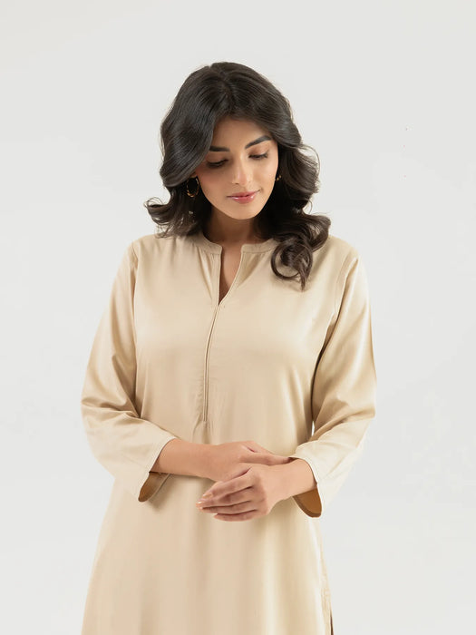 Women Beige Flowy Straight Long Kurta