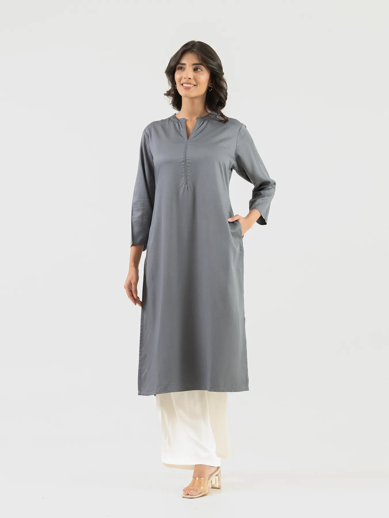 Women Grey Flowy Straight Long Kurta