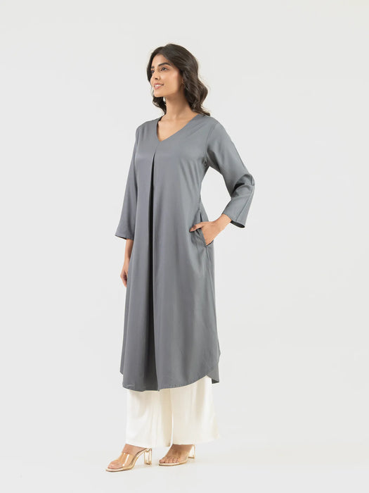 Women Grey Flowy Pleated Kurta