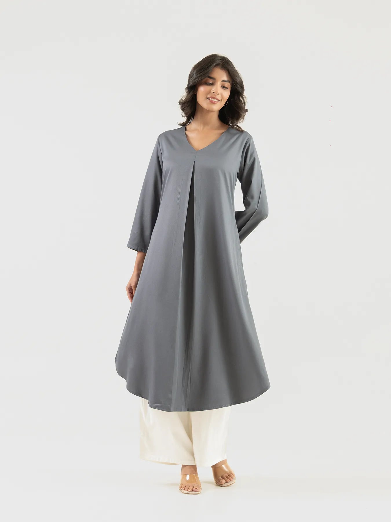 Women Grey Flowy Pleated Kurta