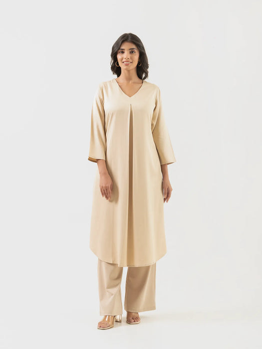 Women Beige Flowy Pleated Kurta