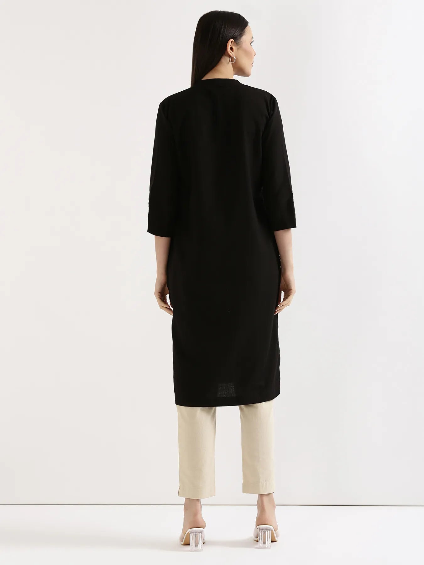 Women Black Airy Linen Long Kurta