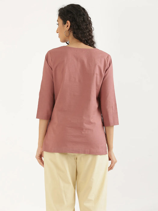 Women Rose Taupe Airy Linen Split Neck Short Kurta