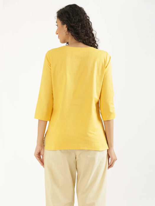 Women Yellow Airy Linen Split Neck Short Kurta