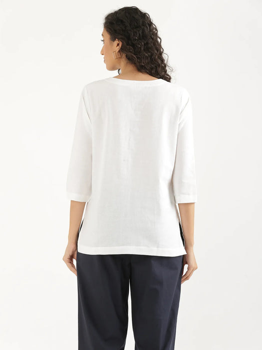 Women White Airy Linen Split Neck Short Kurta