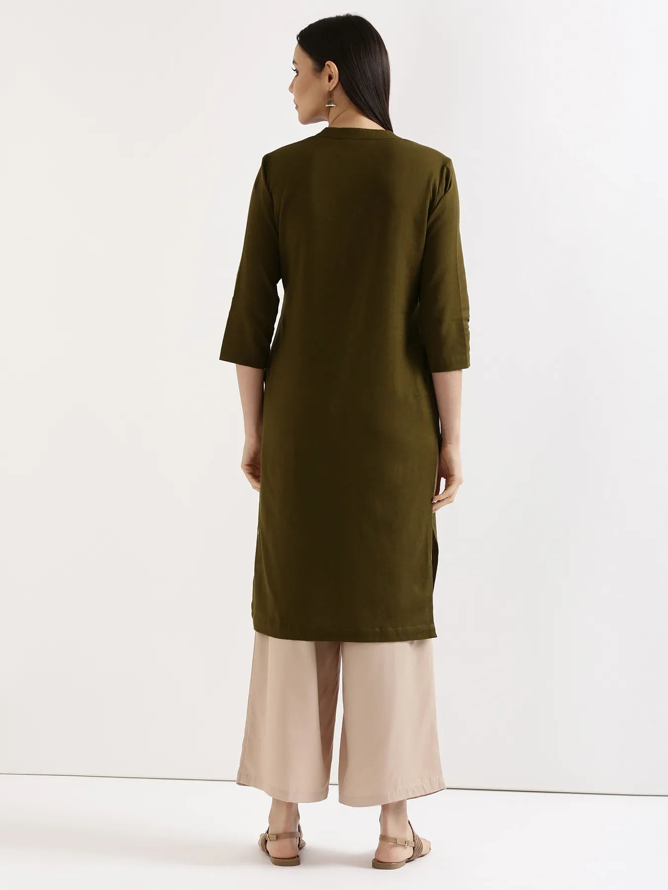 Women Olive Green Airy Linen Long Kurta