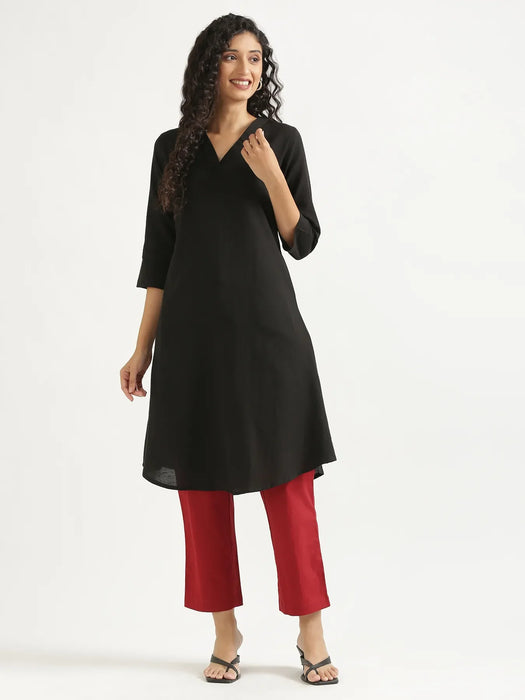 Women Black Flowy Linen A-Line Long Kurta