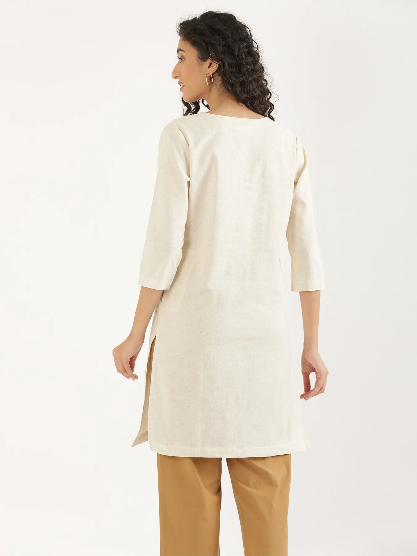 Women Ecru Airy Linen Mid Thigh Length Kurta