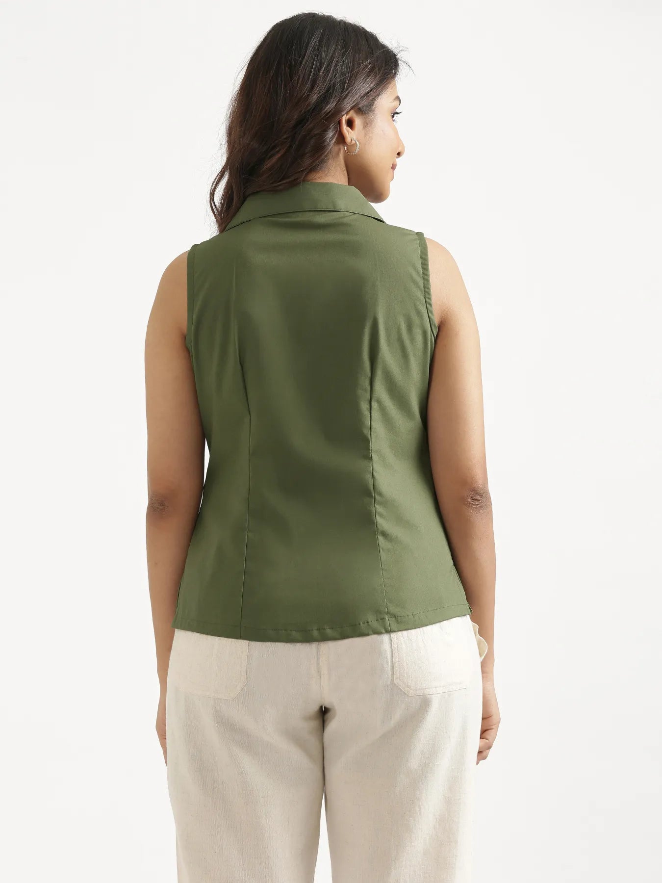Women Forest Green Better Cotton Sleeveless Shirt