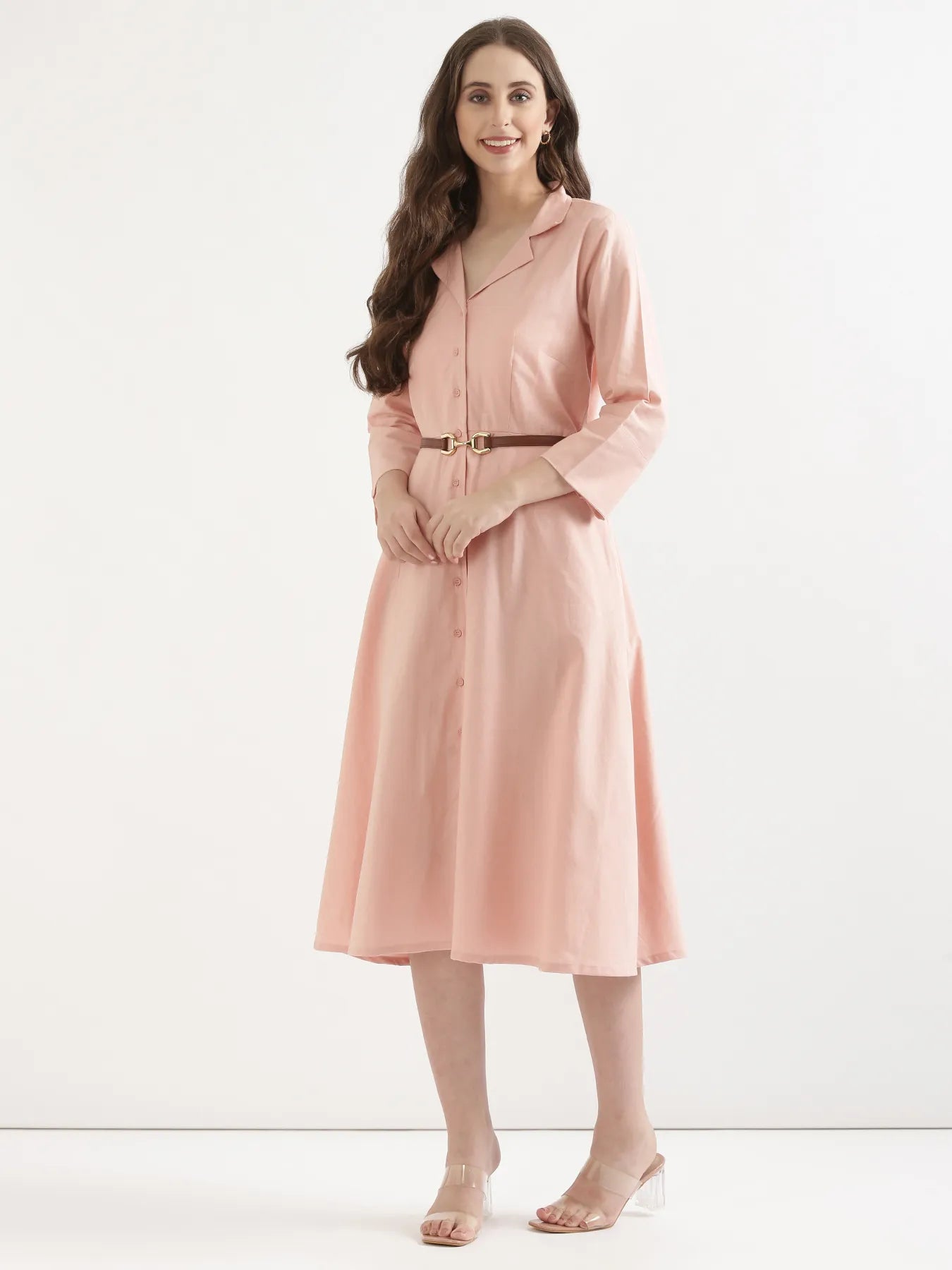 Women Salmon Pink Airy Linen Flared Dress
