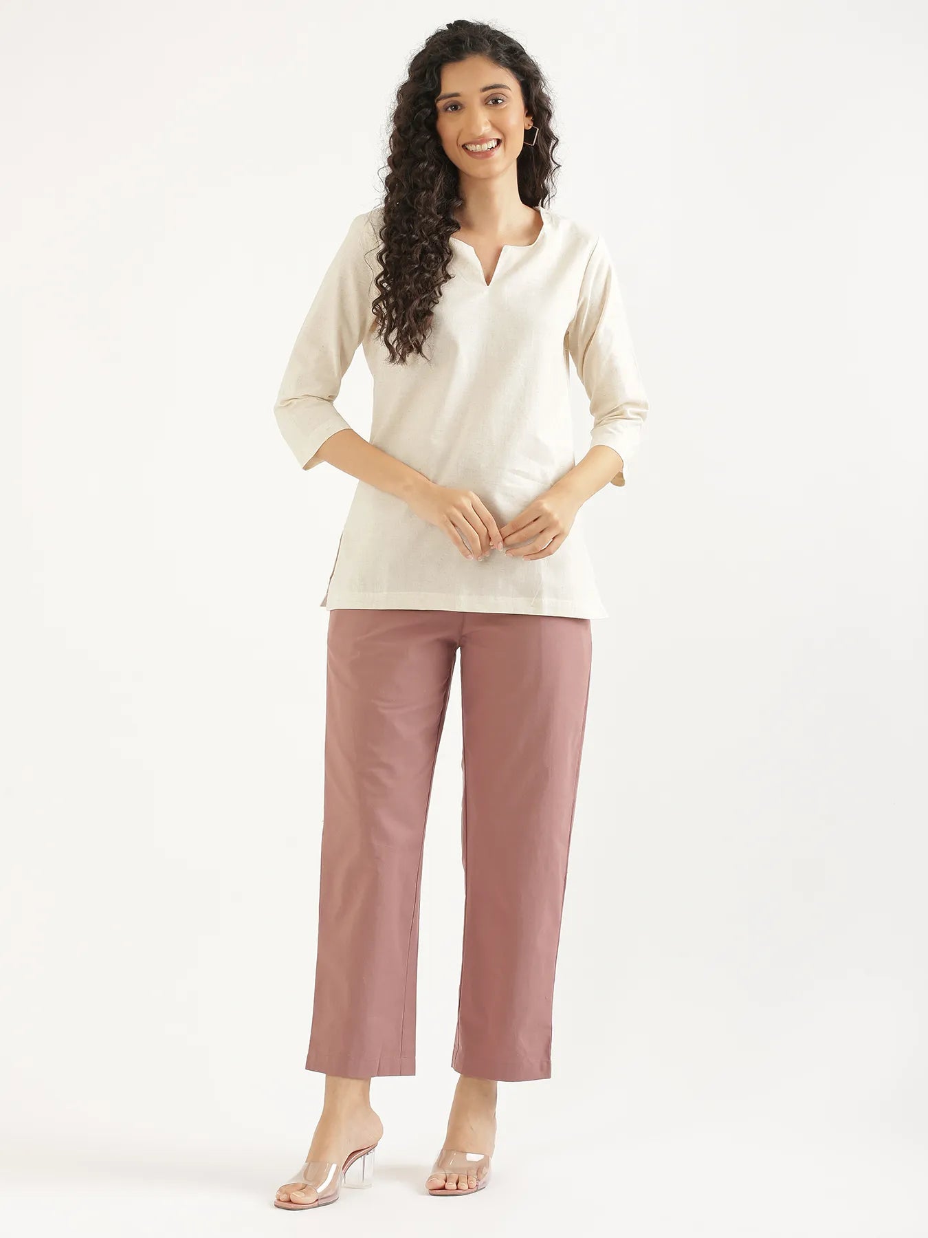 Women Rose Taupe Cotton Straight Pant