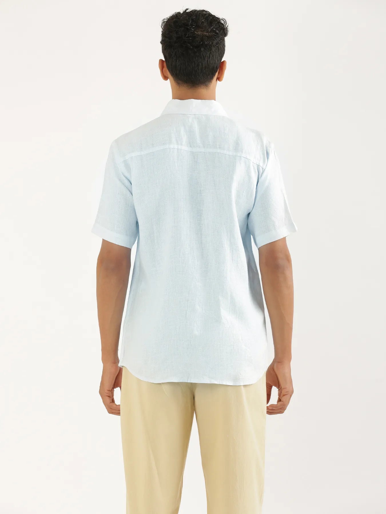 Men Light Blue Pure Linen Short Sleeve Shirt