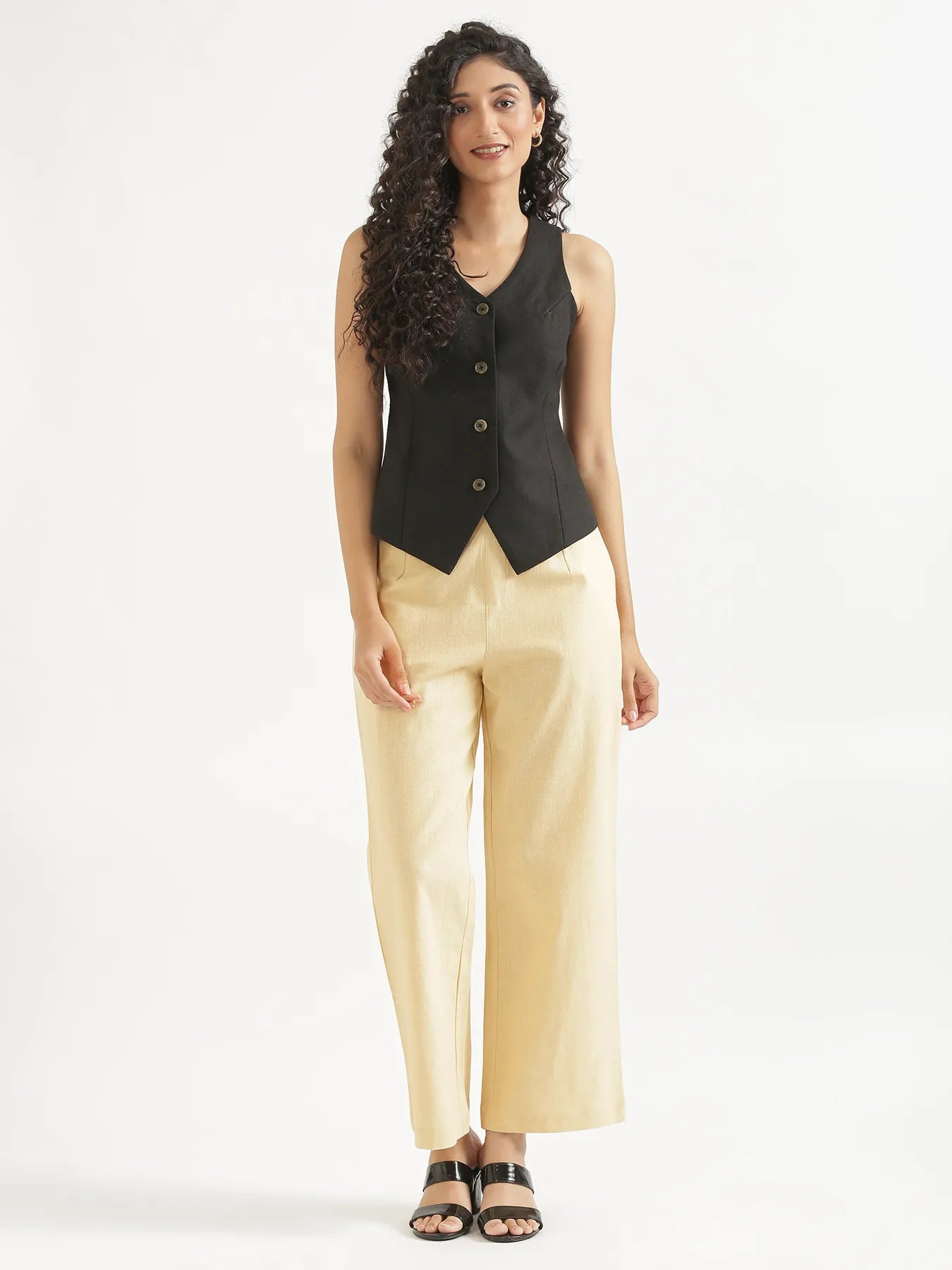 Women Beige Linen Blend Wide Leg Pant