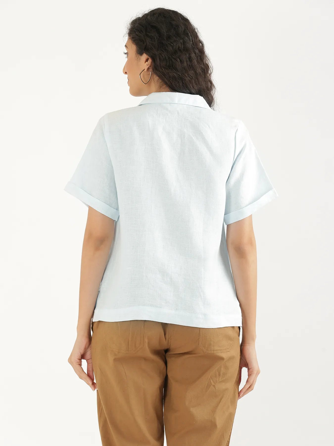 Women Light Blue Pure Linen Notch Collar Shirt