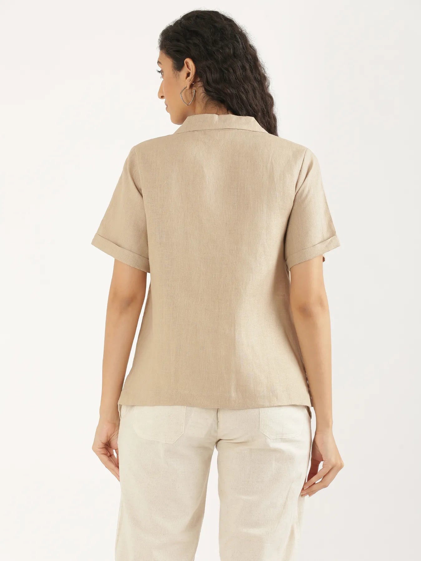 Women Taupe Pure Linen Notch Collar Shirt