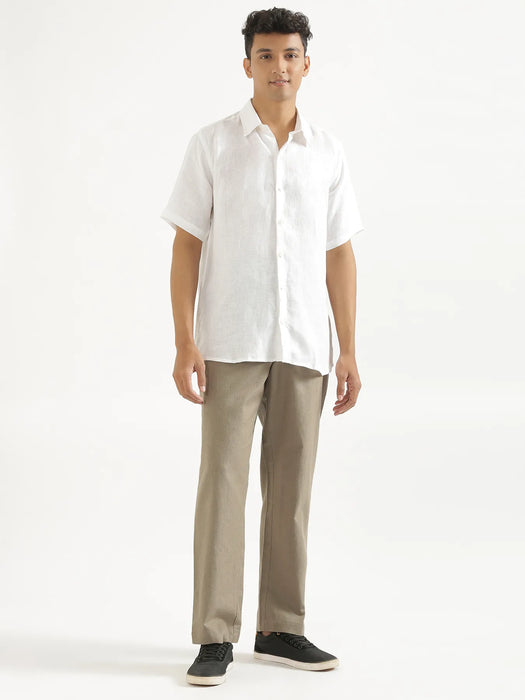 Men Khakhi Linen Blend Straight Pant