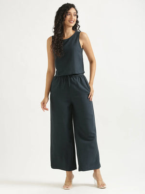 Women Navy Blue Flowy Linen Pant Set