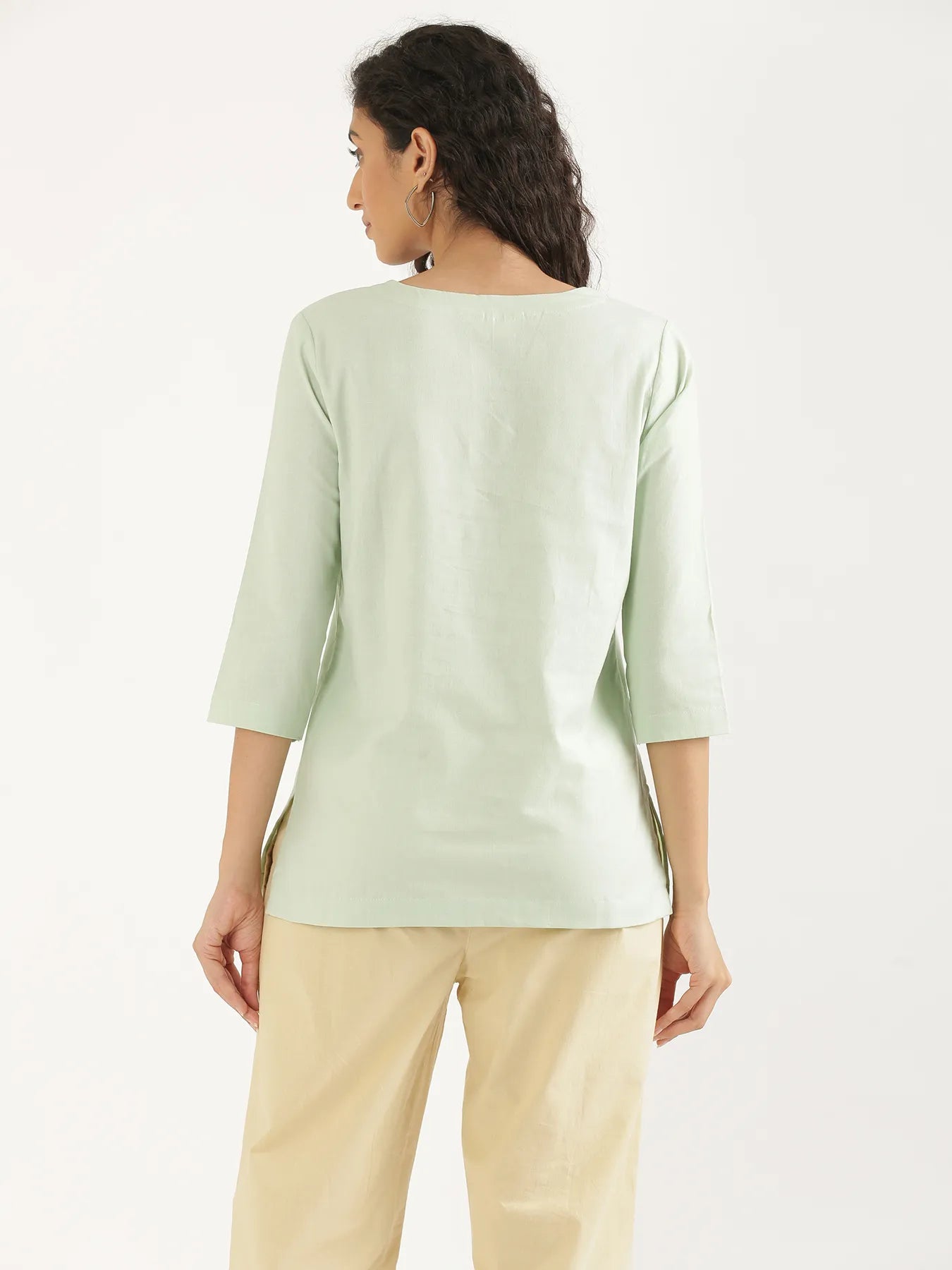 Women Mint Green Airy Linen Split Neck Short Kurta