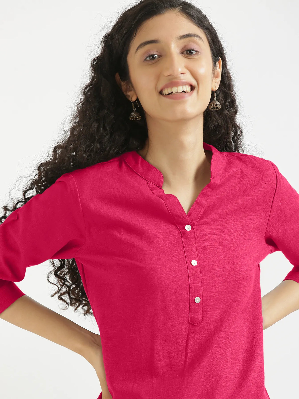 Pick Any 5 Women Airy Linen Short Kurta - Hot Pink