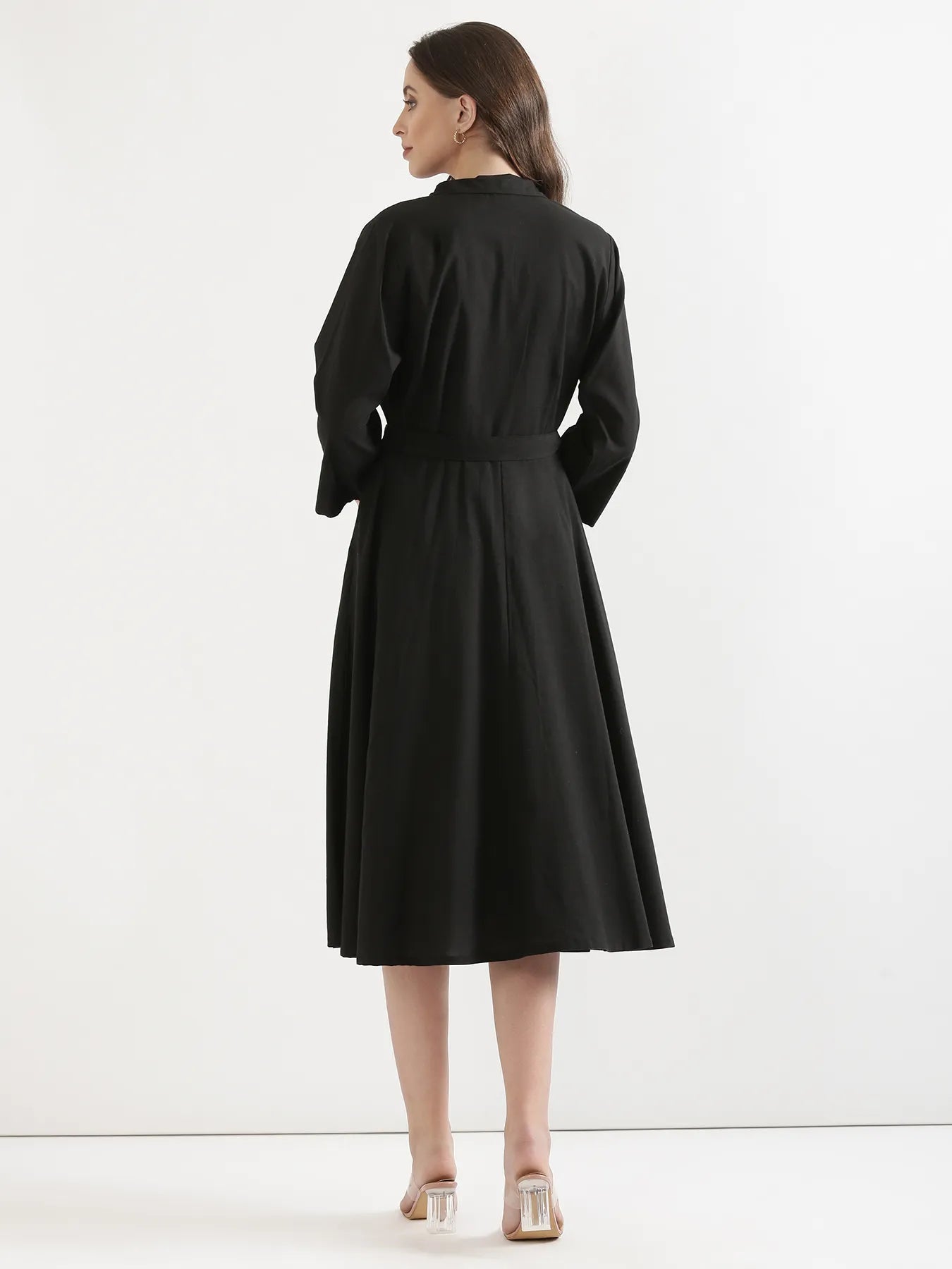 Women Black Airy Linen Flared Dress