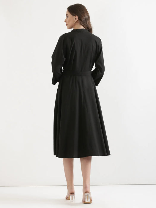 Women Black & White Airy Linen Flared Dress