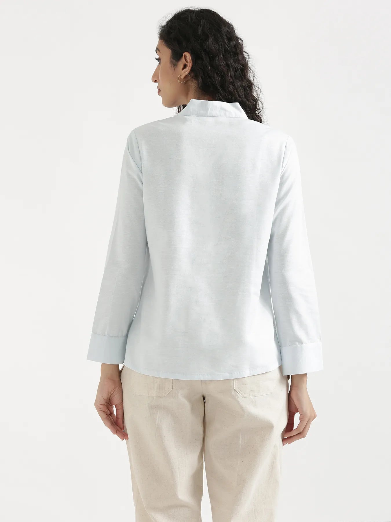 Women Powder Blue Linen Blend Knot Blouse