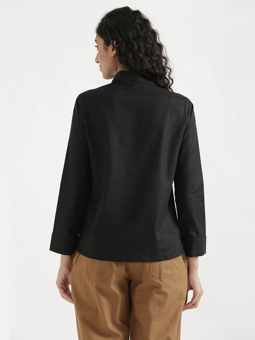 Women Black Linen Blend Knot Blouse