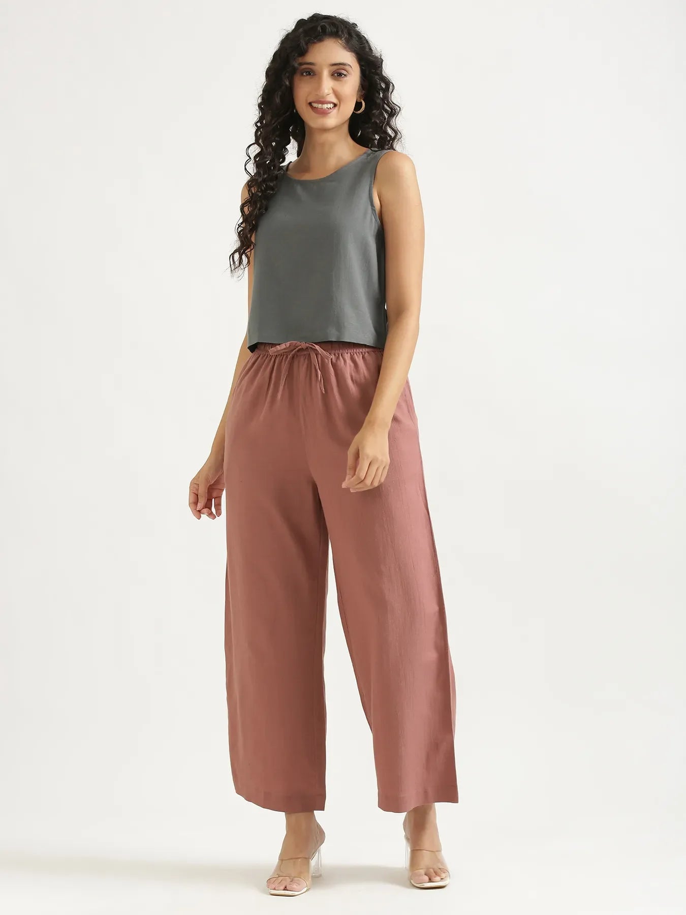 Women Rose Taupe Flowy Linen Wide Leg Pants