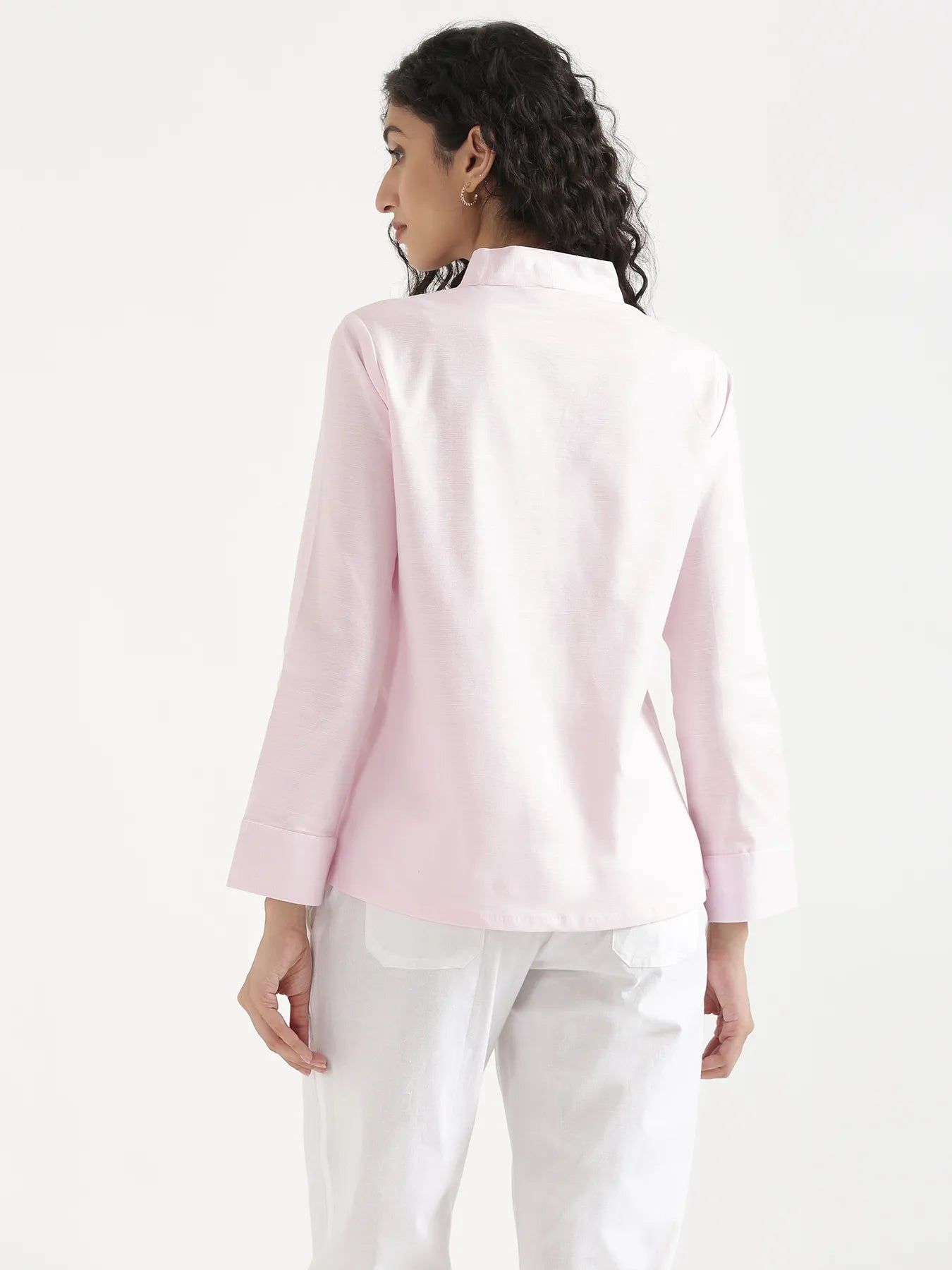 Women Blush Pink Linen Blend Knot Blouse & White Airy Linen Straight Pants Pant Set