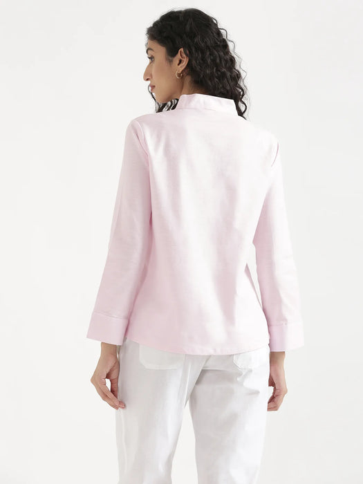 Women Blush Pink Linen Blend Knot Blouse & White Airy Linen Straight Pants Pant Set