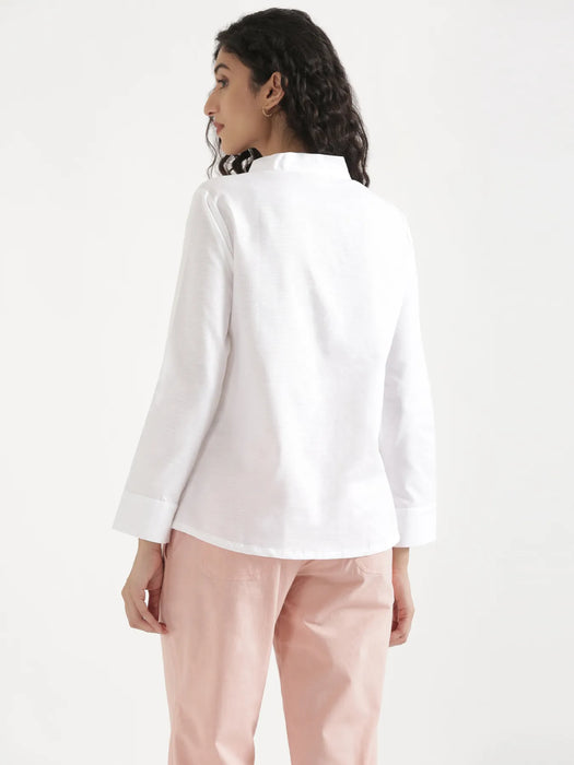 Women White Linen Blend Knot Blouse