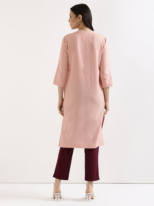 Salmon Pink Airy Linen Long Kurta with Wine Cotton Pant