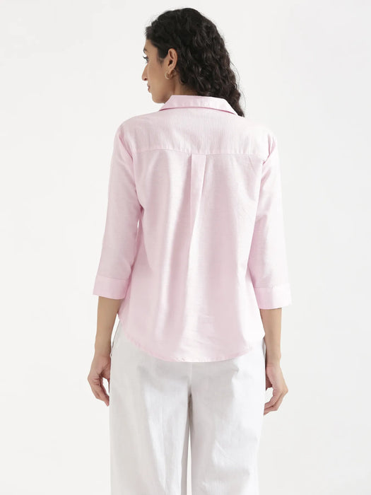 Women Blush Pink Linen Blend Pleated Top & White Airy Linen Wide Leg Pants Pant Set