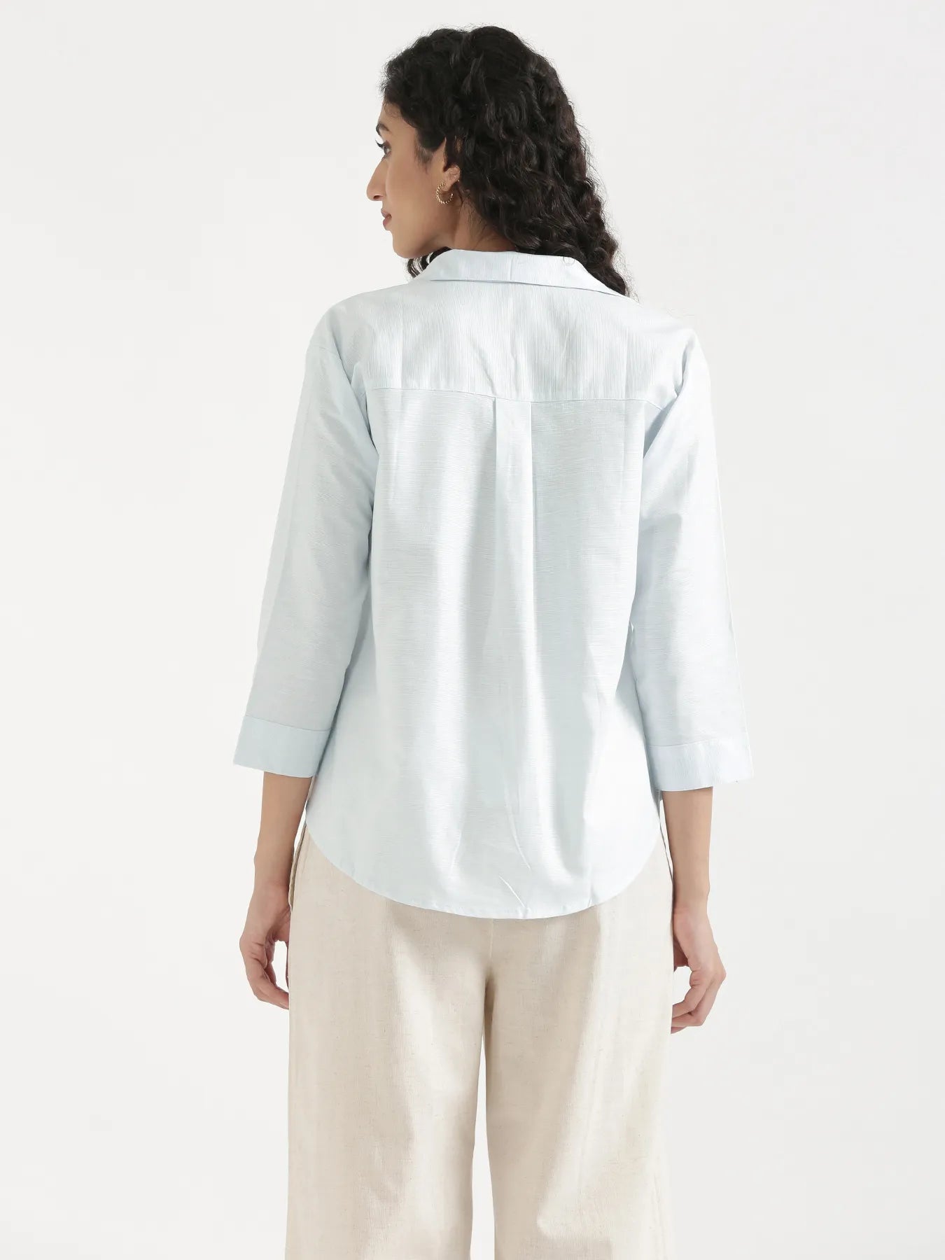 Women Powder Blue Linen Blend Pleated Top & Ecru Airy Linen Wide Leg Pants Pant Set