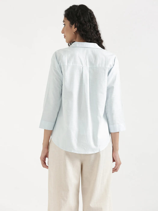 Women Powder Blue Linen Blend Pleated Top & Ecru Airy Linen Wide Leg Pants Pant Set