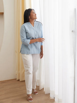 Sky Blue Short Kurta with White Cotton Pant
