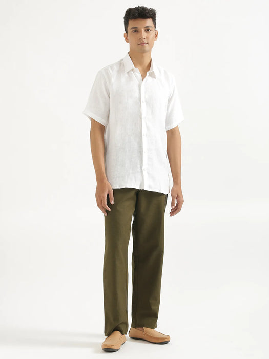 Men Olive Green Linen Blend Straight Pant