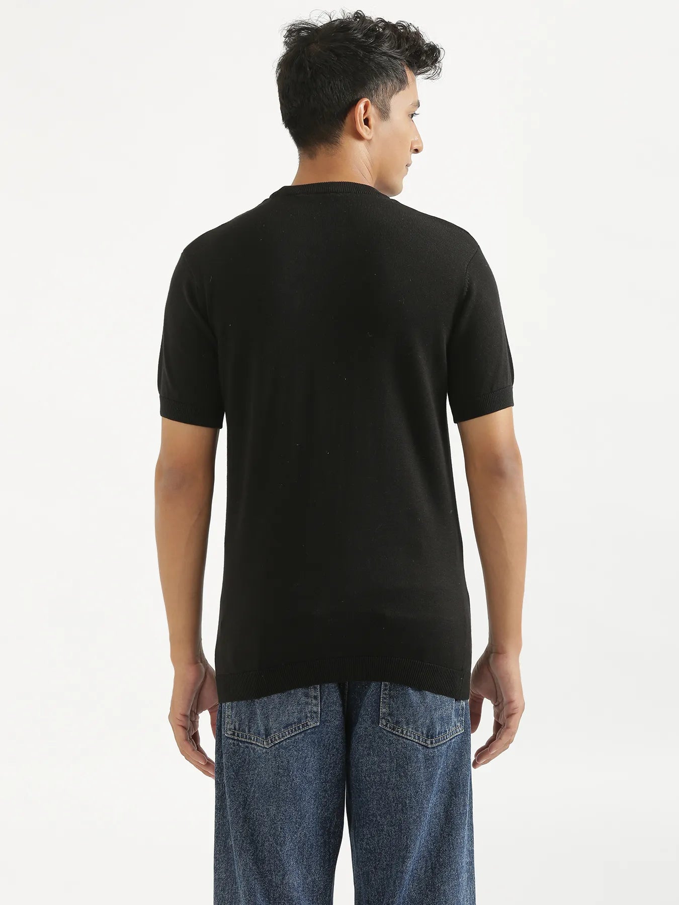 Men Black Flat Knit Round Neck T-shirt