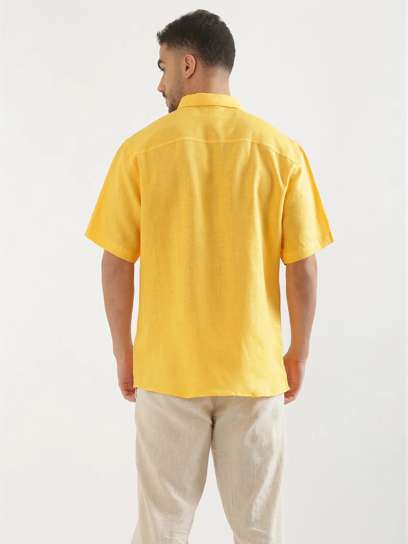 Men Mango Yellow 100% Linen Half Sleeve Shirt