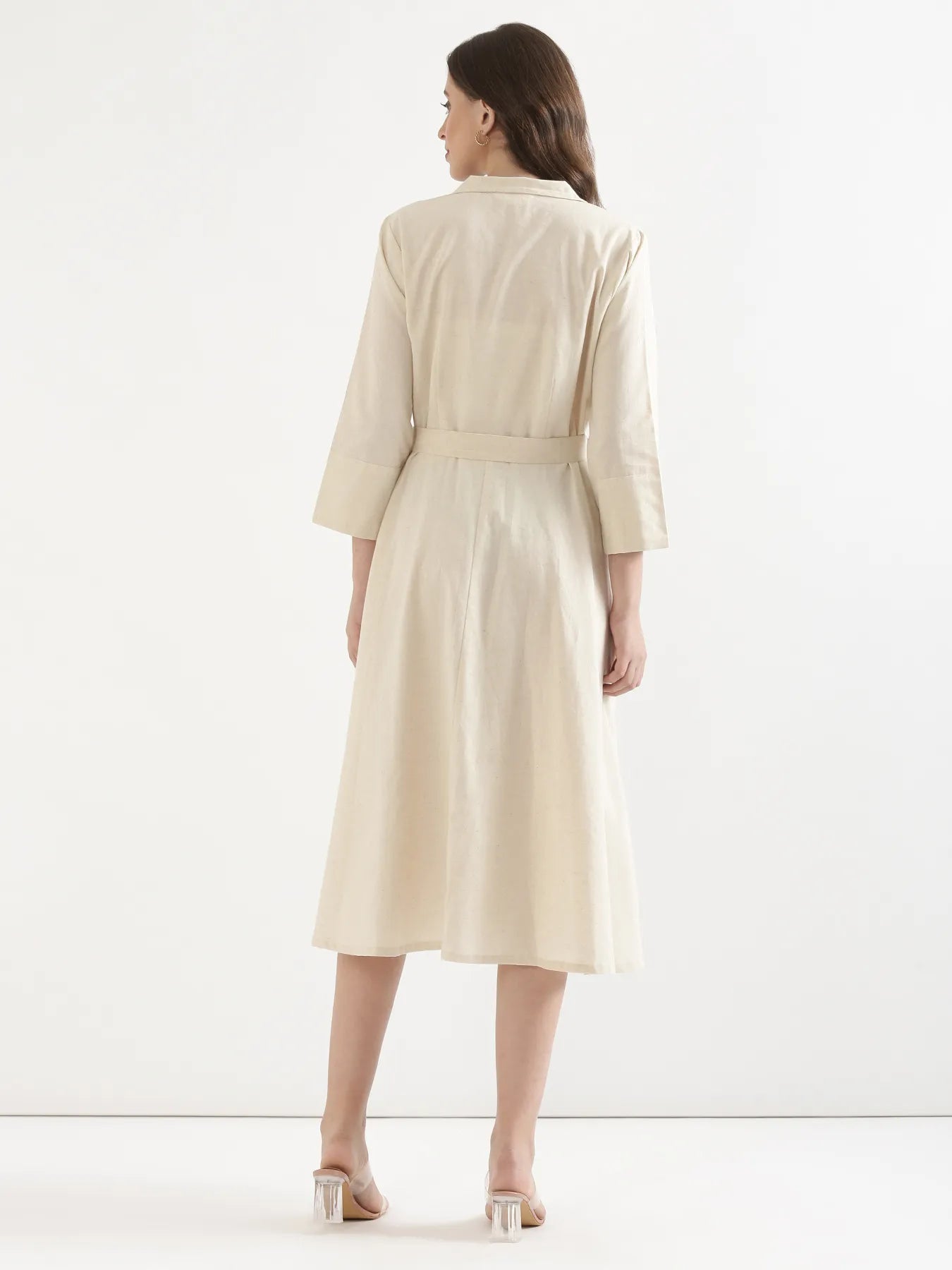 Women Ecru Airy Linen Flared Dress