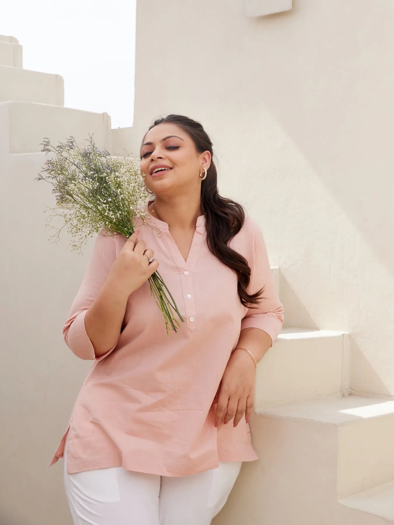 Salmon Pink Short Kurta with White Cotton Pant