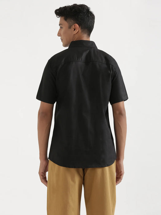 Men Black Linen Blend Short Sleeve Shirt