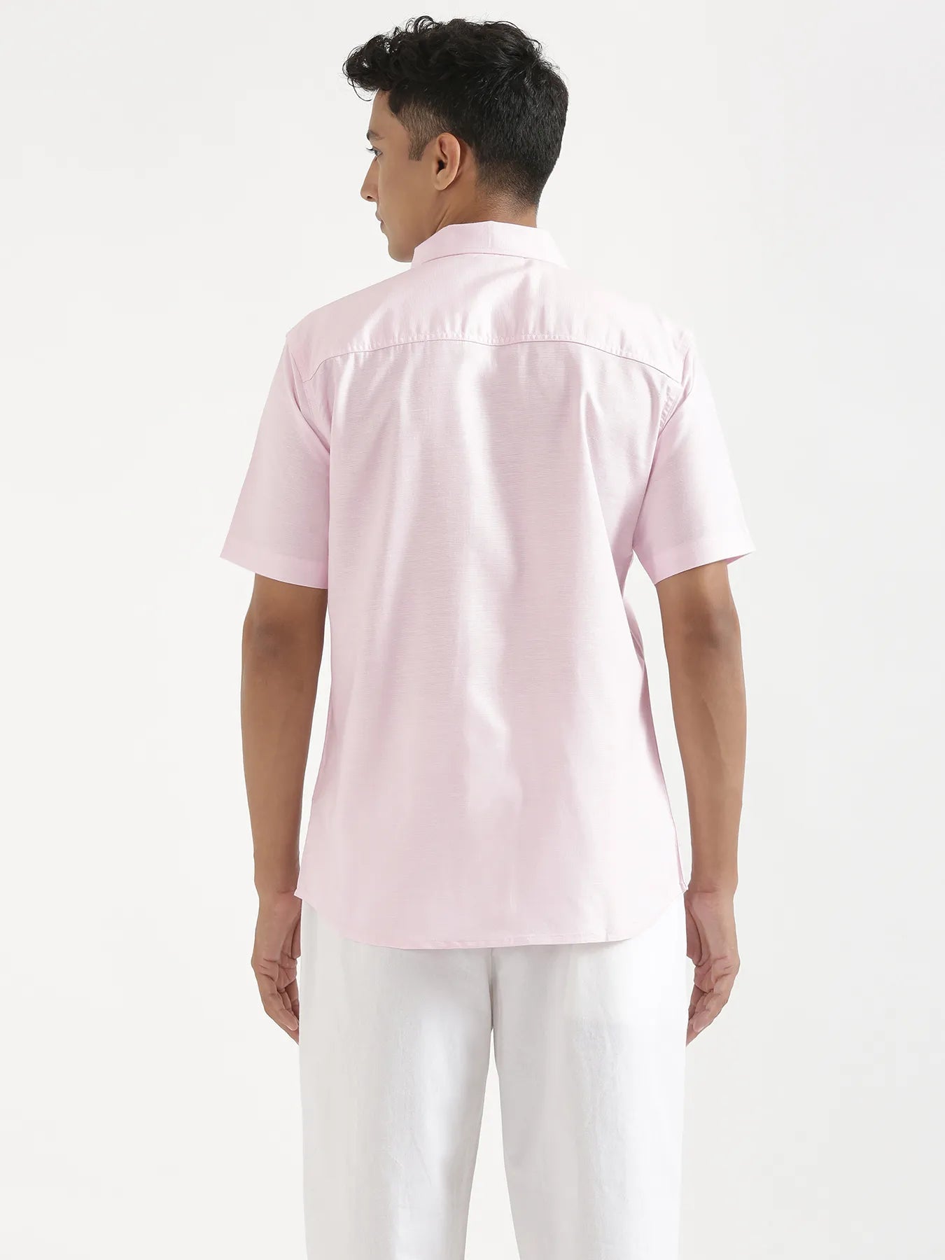 Men Blush Pink Linen Blend Short Sleeve Shirt