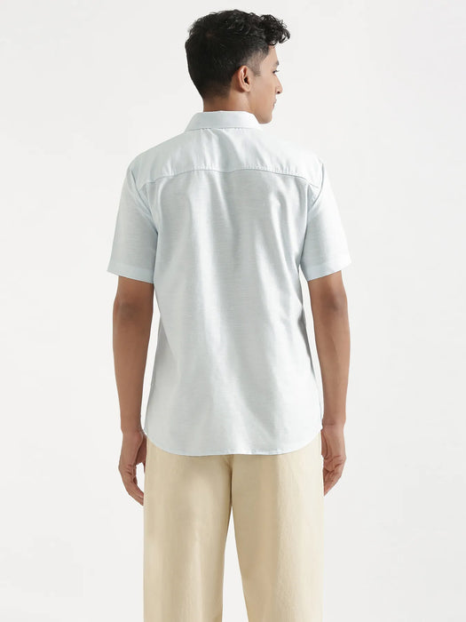 Men Powder Blue Linen Blend Short Sleeve Shirt & Beige Cotton Pant Set